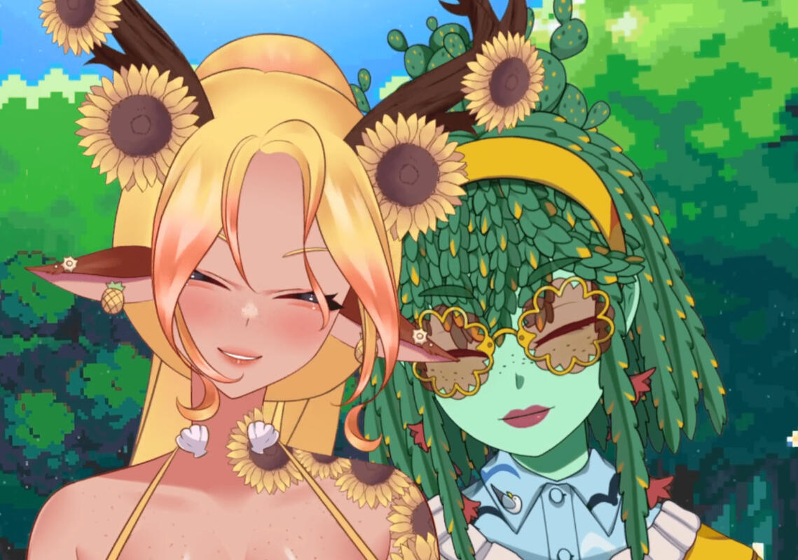 An image of Celine Whitetail, a seasonal dryad vtuber in her summer form, and Gull the Cactus, a cactus vtuber, putting their heads together and looking cute. Celine has blonde hair in a ponytail, deer ears, deer antlers, and sunflowers on her antlers. Gul