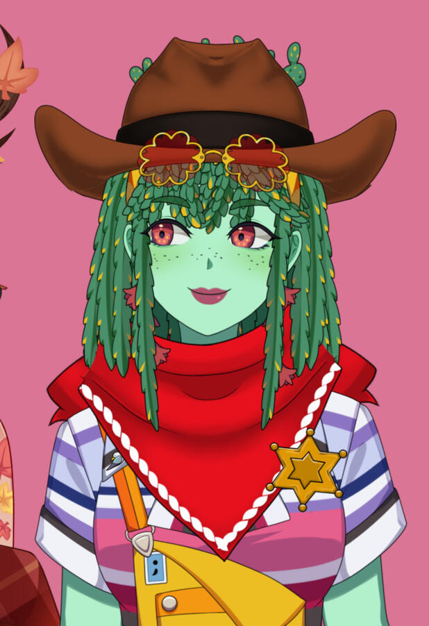 An image of Gull the Cactus, a green-skinned, cactus-haired female vtuber. She is wearing a cowboy hat, bandana, and sheriff's badge here. Yeehaw!